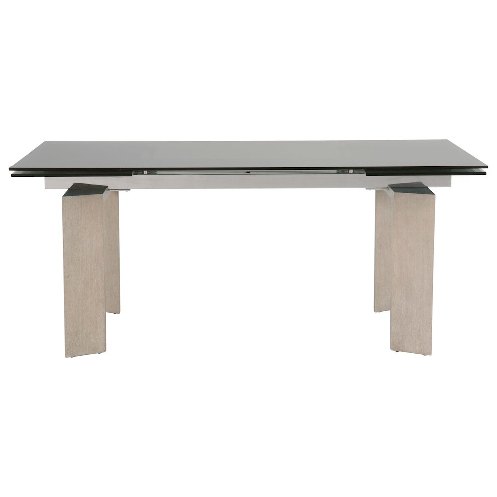 Gray Extension Dining Table, Ash Wood, Double Pedestal, Glass Top