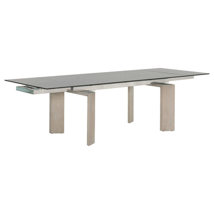 Gray Extension Dining Table, Ash Wood, Double Pedestal, Glass Top