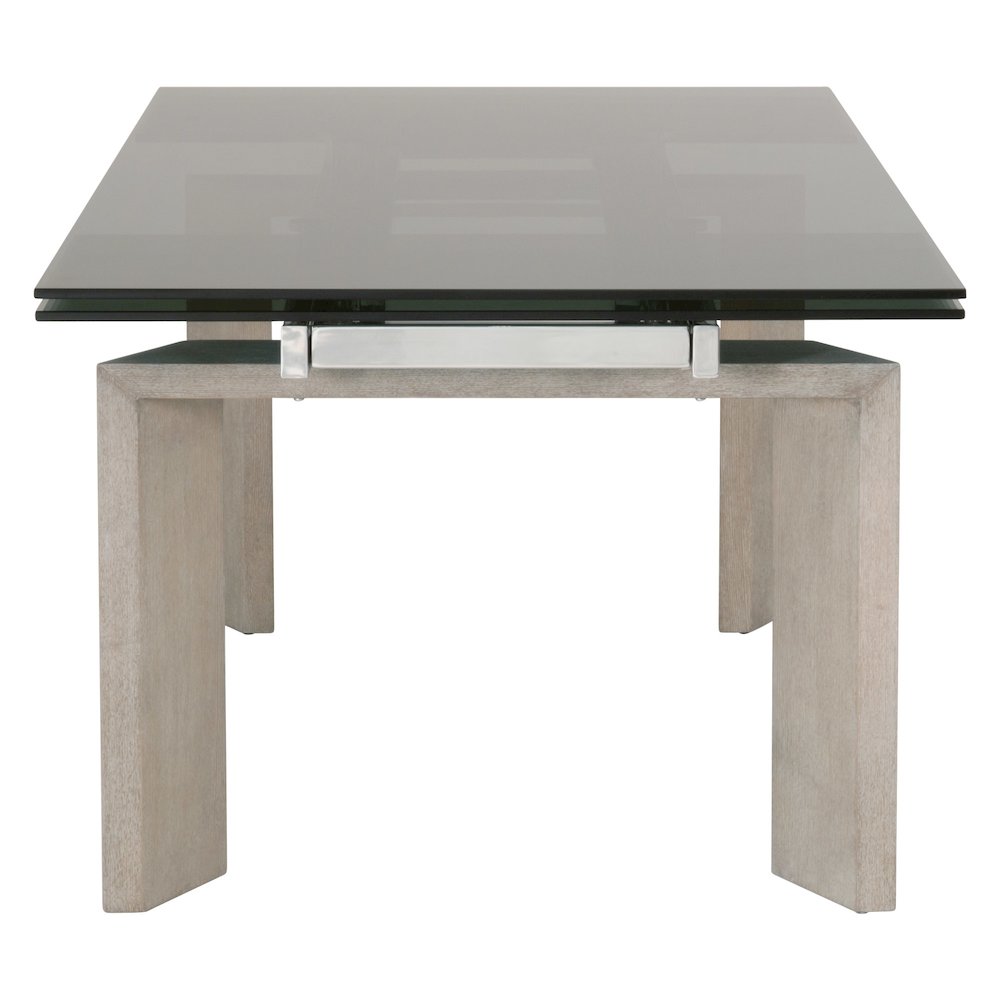 Gray Extension Dining Table, Ash Wood, Double Pedestal, Glass Top