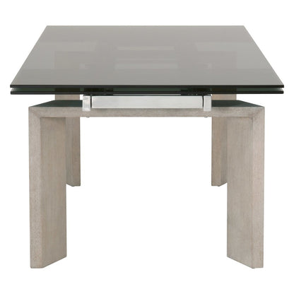 Gray Extension Dining Table, Ash Wood, Double Pedestal, Glass Top