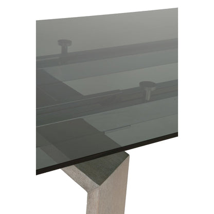 Gray Extension Dining Table, Ash Wood, Double Pedestal, Glass Top
