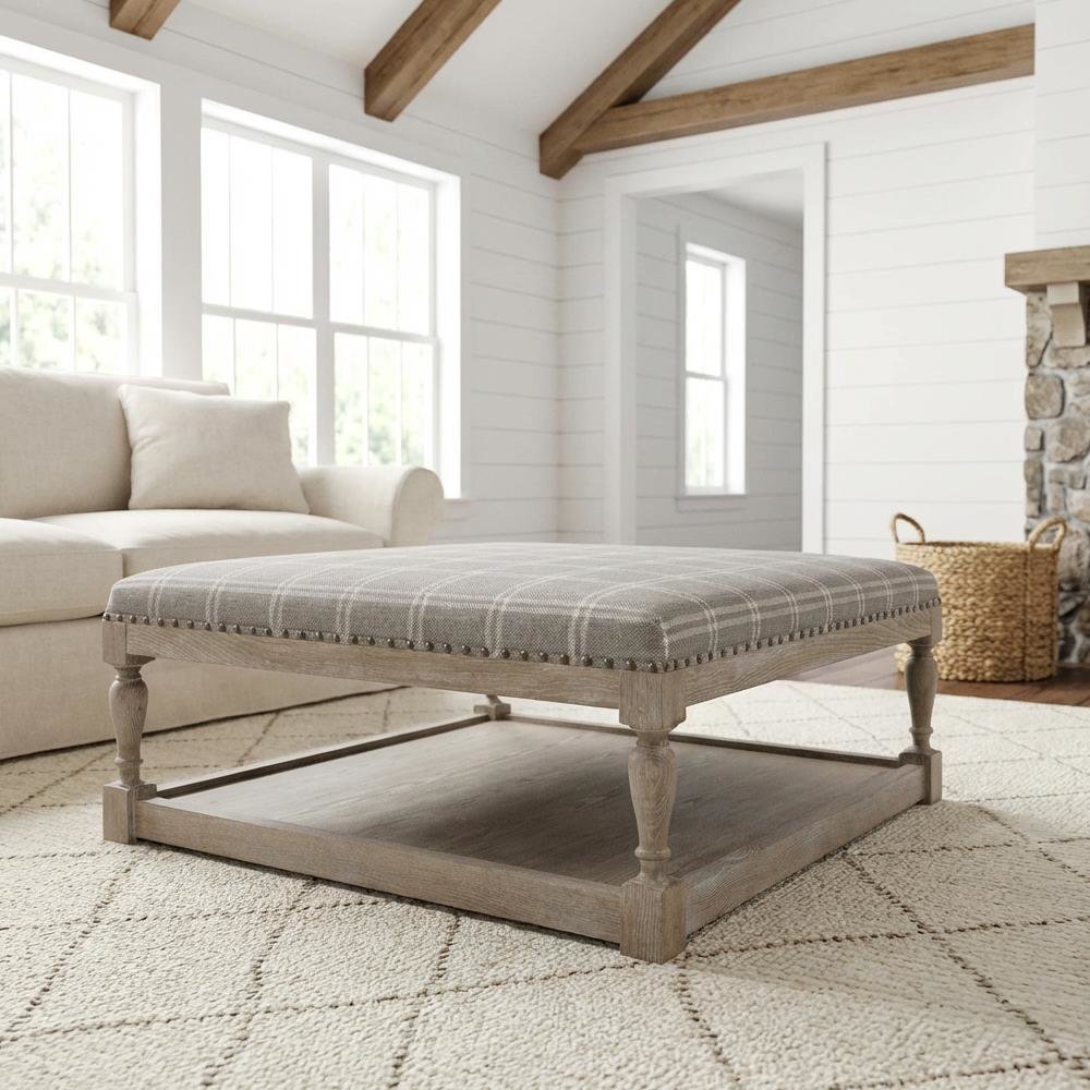 Gray Upholstered Coffee Table with Solid Ash Wood Frame and Foam Cushion