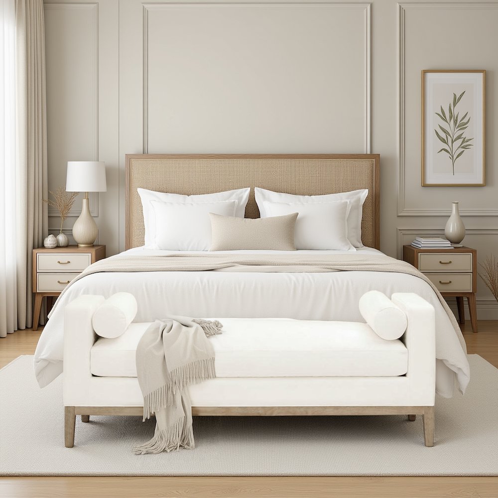 Gray Boucle Upholstered Bench for King Bed – Bedroom Bench