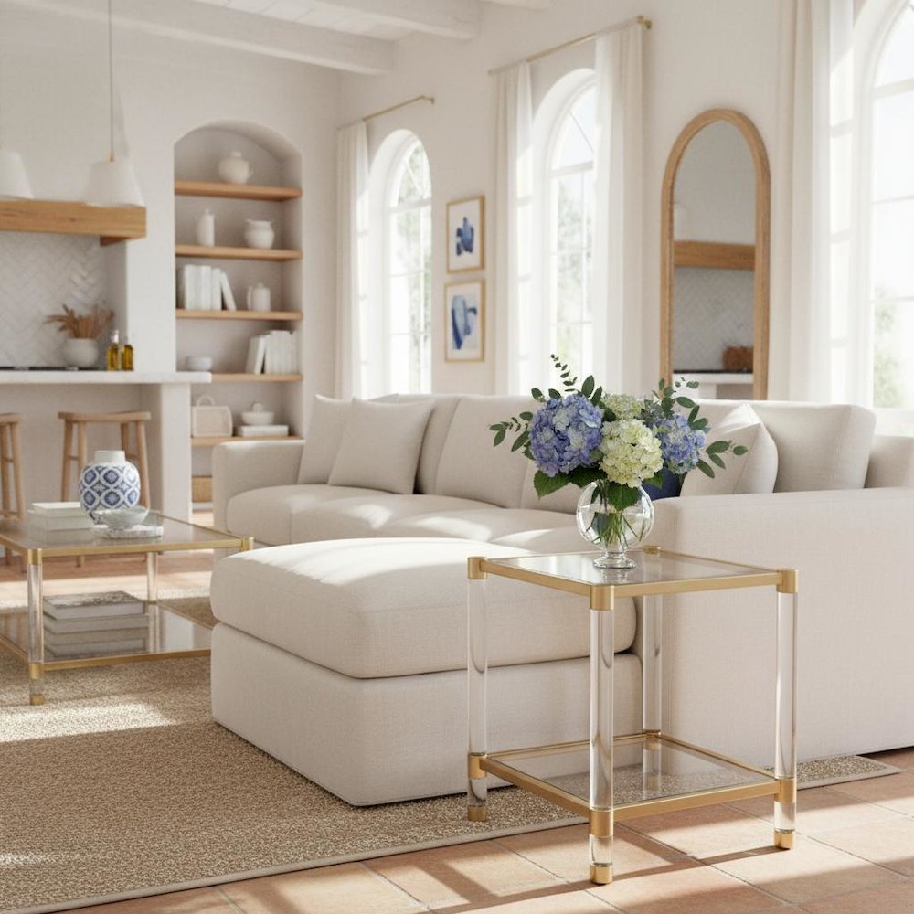 Gold End Table, Tempered Glass Top, Metal Frame, Acrylic Legs