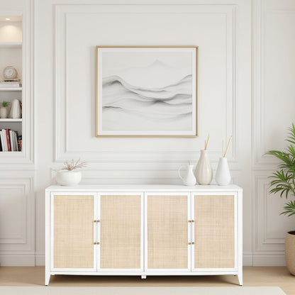 White Buffet Cabinet with Storage – Rattan Sideboard Cabinet for Bar Use