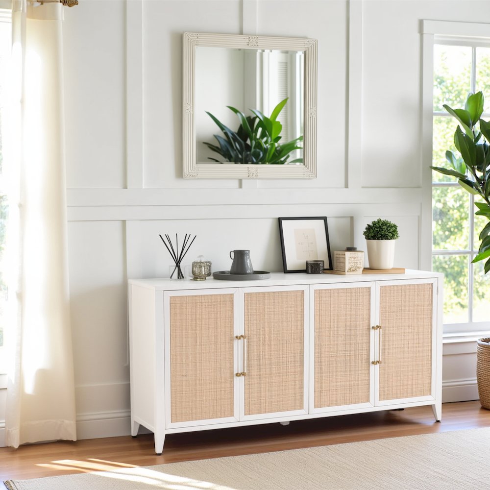 White Buffet Cabinet with Storage – Rattan Sideboard Cabinet for Bar Use