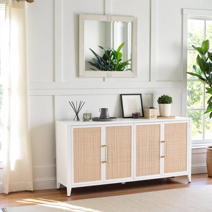 White Buffet Cabinet with Storage – Rattan Sideboard Cabinet for Bar Use