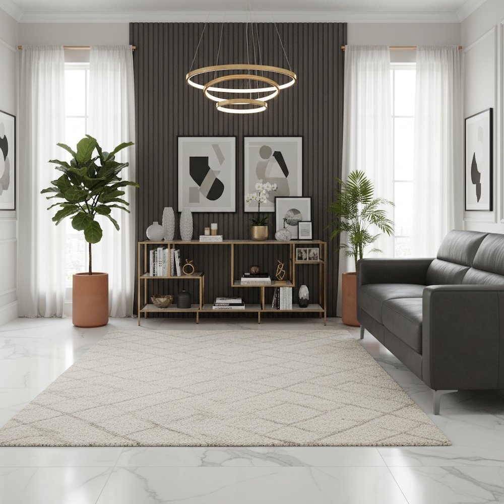 Brown Low Bookcase, Metal Shelving, Tempered Glass, Geometric Design
