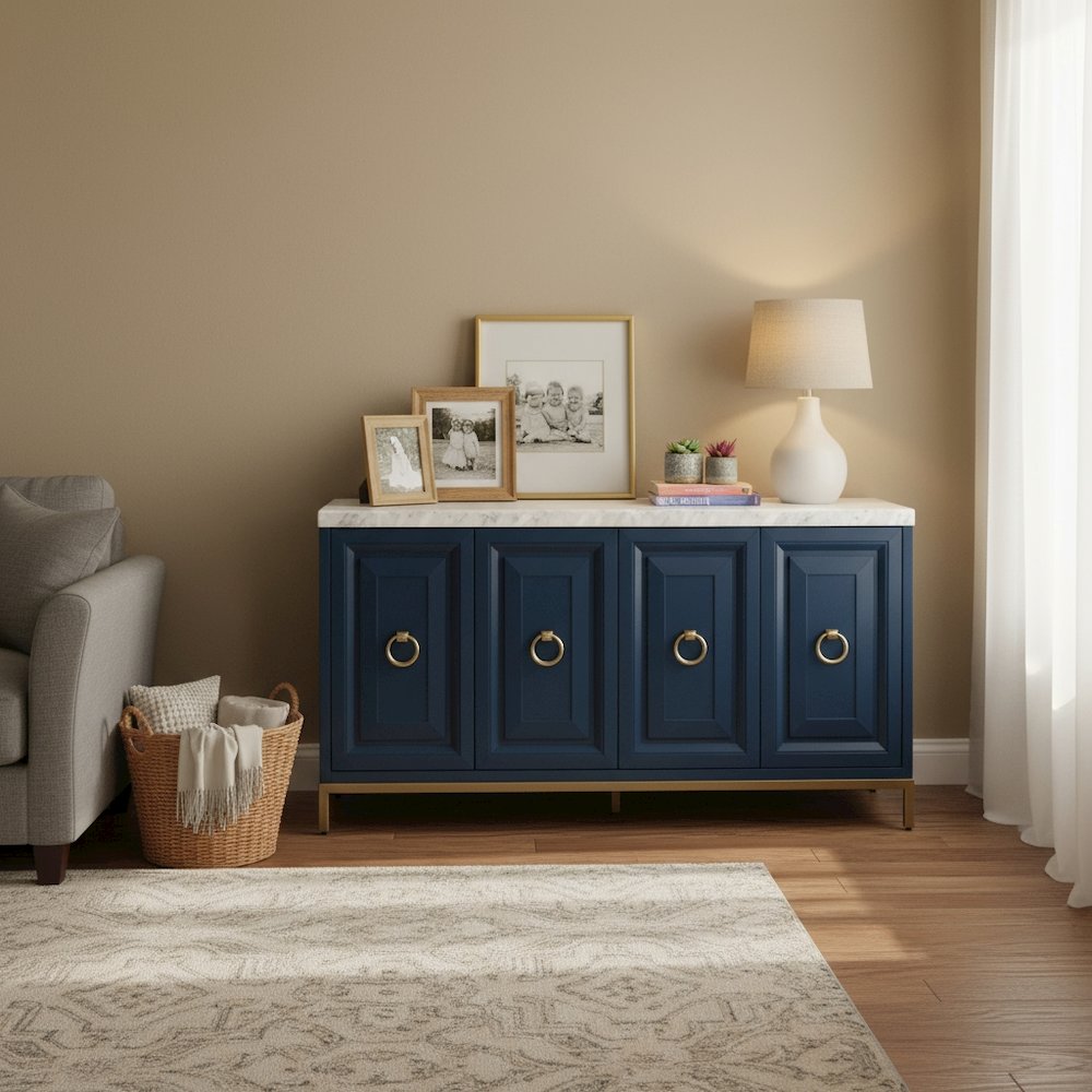 Media Sideboard White, Marble Top, Wine Racks, Steel Base
