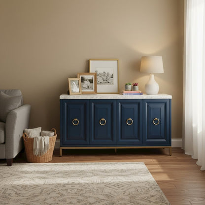 Media Sideboard White, Marble Top, Wine Racks, Steel Base