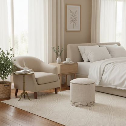 Round Ottoman Beige, Linen Blend, Nailhead Trim