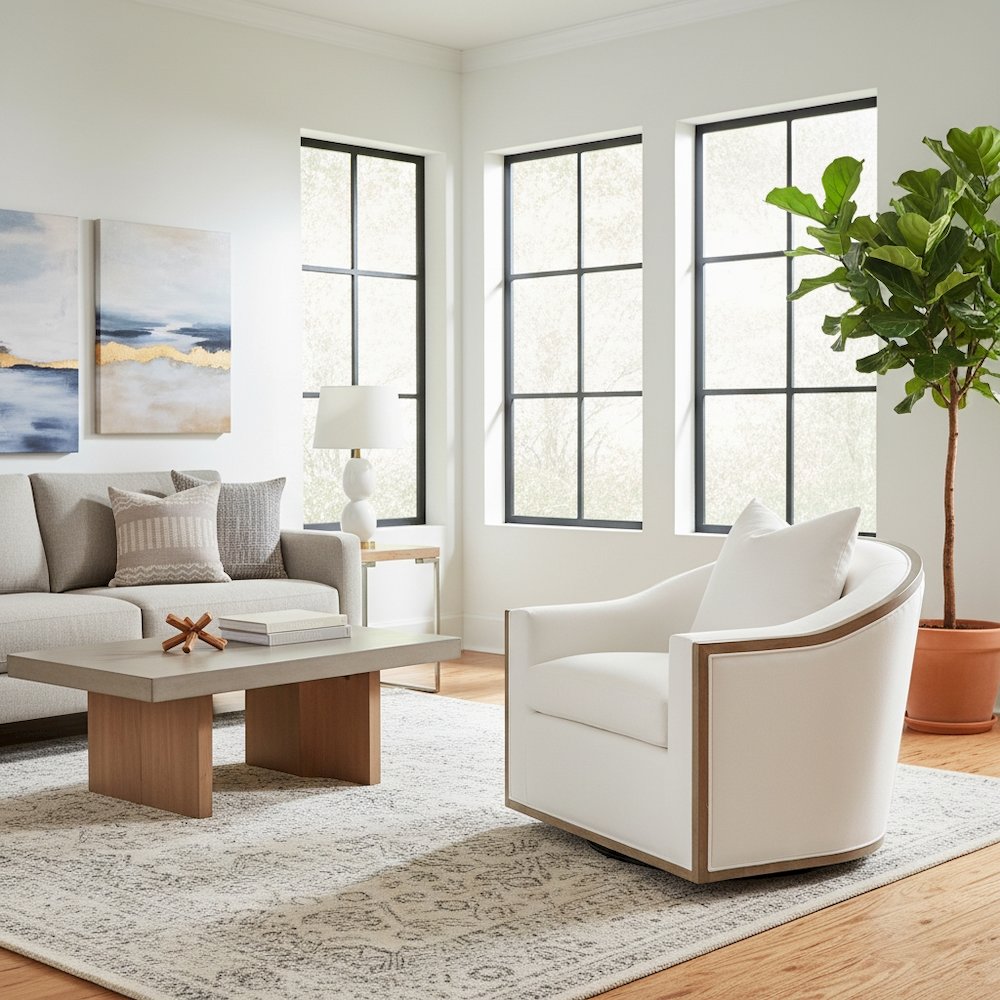 Swivel Club Chair White, Reversible Cushion, 360 Motion