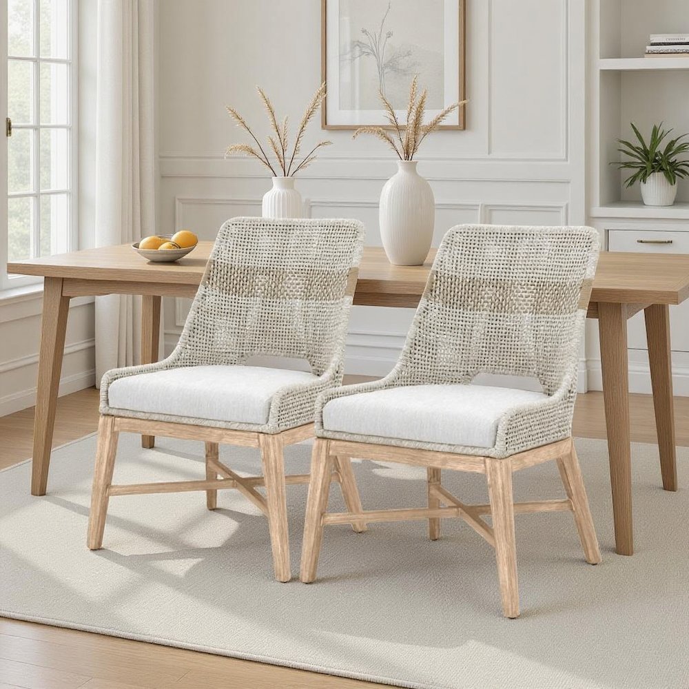 Gray Woven Chair Pair with Mahogany Frame, Accent Chairs Set of 2 Indoor