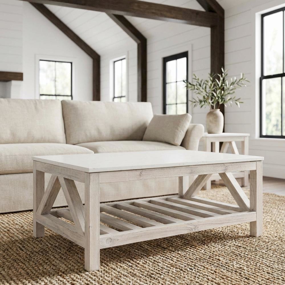 White Solid Pine Wood Coffee Table with Solid Quartz Top and Open Shelf