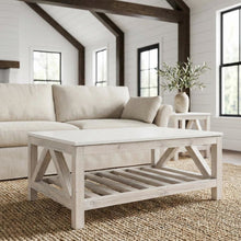 White Solid Pine Wood Coffee Table with Solid Quartz Top and Open Shelf