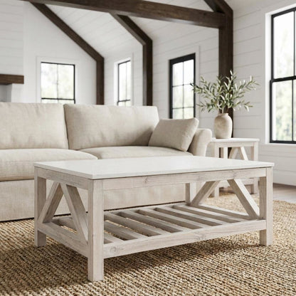 White Solid Pine Wood Coffee Table with Solid Quartz Top and Open Shelf