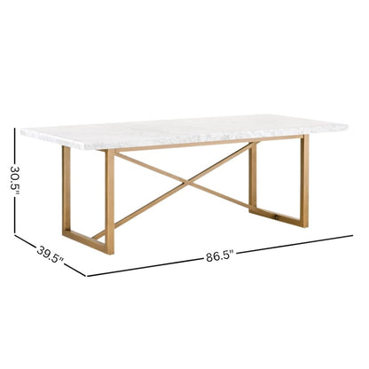 Dining Table White, Marble Veneer, Steel X-Brace, Modern