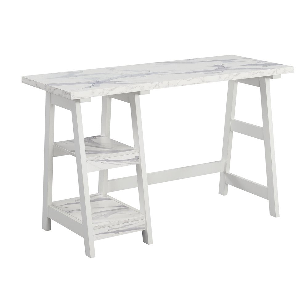 Designs2Go Trestle Desk with Shelves, White Faux Marble/White