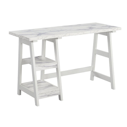 Designs2Go Trestle Desk with Shelves, White Faux Marble/White