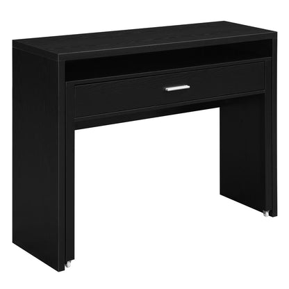 Sleek Black Console Desk with Sliding Drawer and Riser for Office Use