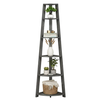 Weathered Gray 5-Tier Corner Bookshelf with Contemporary Design