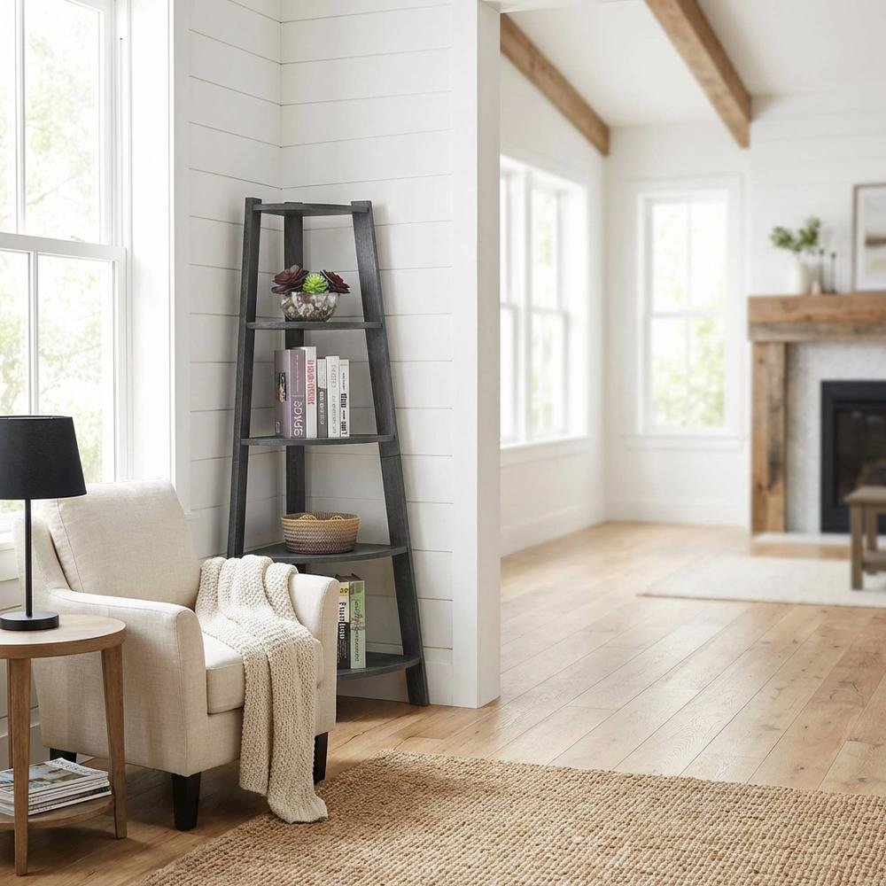 Corner Bookcase with Five Shelves for Space Saving Storage
