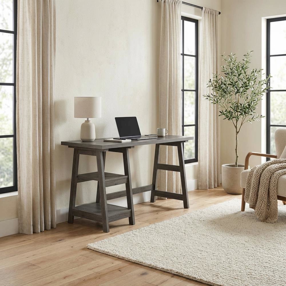 Charcoal Gray Trestle Desk With Charging Station And Melamine Overlay