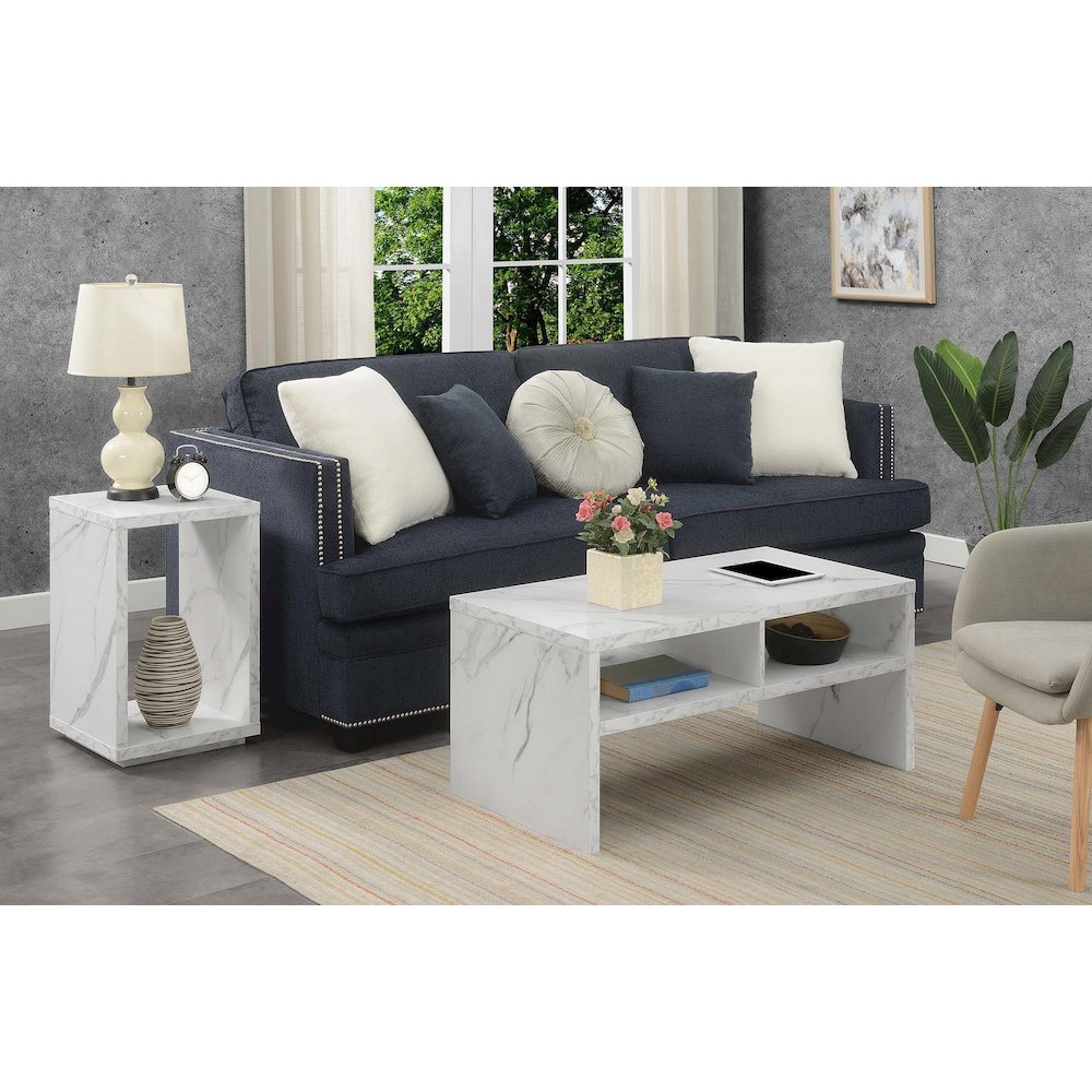 Northfield Admiral Deluxe Coffee Table with Shelves, White Faux Marble
