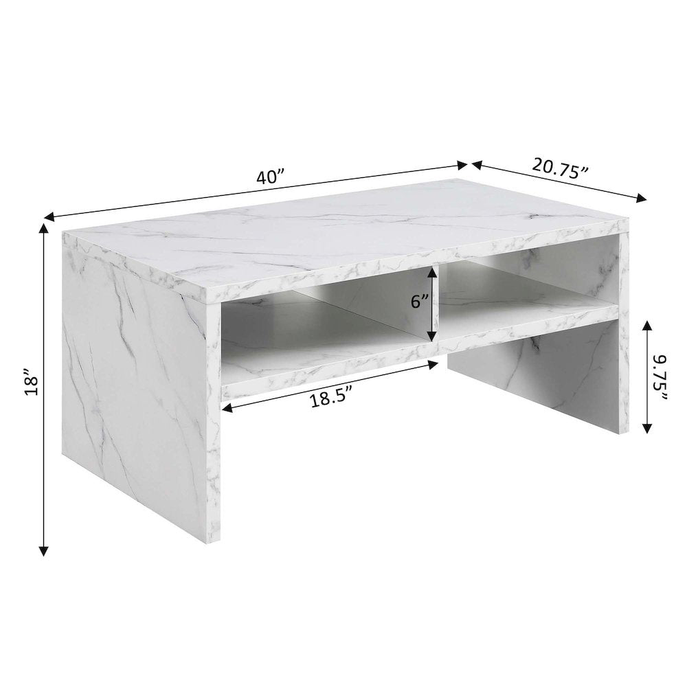 Northfield Admiral Deluxe Coffee Table with Shelves, White Faux Marble