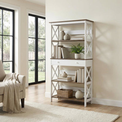 Wooden 5-Tier Bookcase with Drawer for Storage and Display