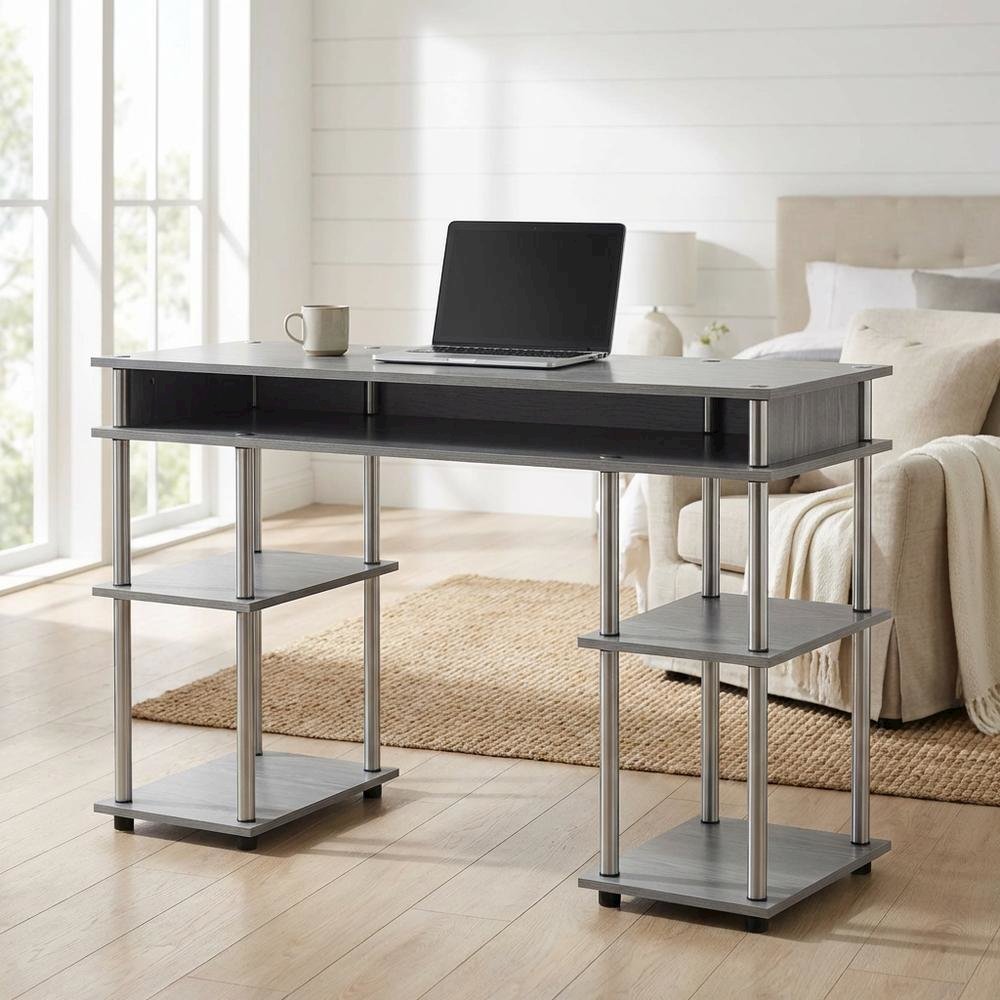 Gray Student Desk With Built-In Charging Station, Modern Workspace Solution