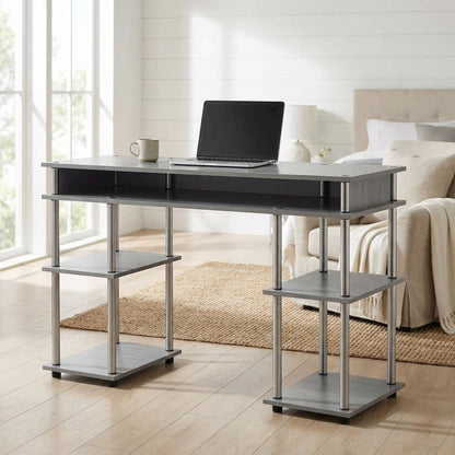 Gray Student Desk With Built-In Charging Station, Modern Workspace Solution