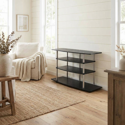 Black No Tools Wide Highboy TV Stand, Particle Board Shelves, Steel Poles