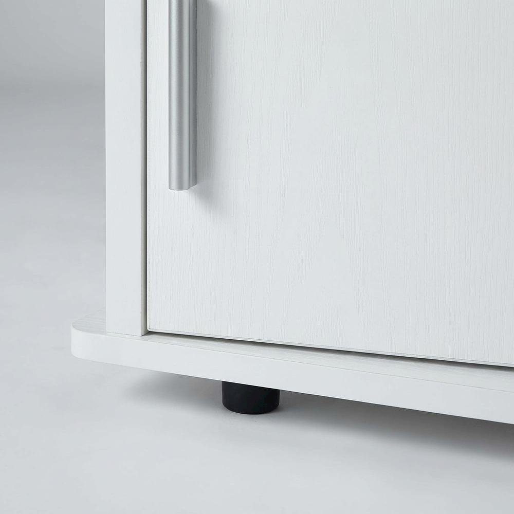 White TV stand with particle board and stainless steel accents, modern design