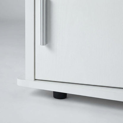 White TV stand with particle board and stainless steel accents, modern design