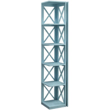 Corner bookcase in sleek finish with five sturdy tiers for versatile storage