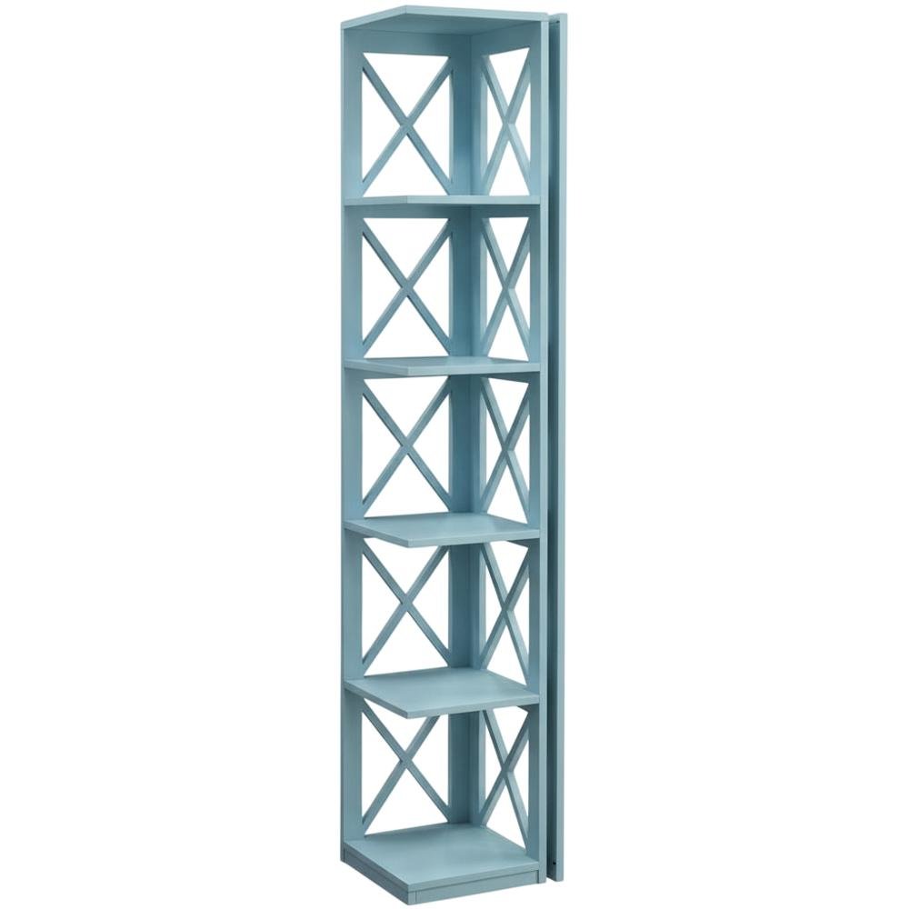 Corner bookcase in sleek finish with five sturdy tiers for versatile storage