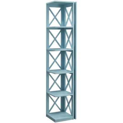Corner bookcase in sleek finish with five sturdy tiers for versatile storage