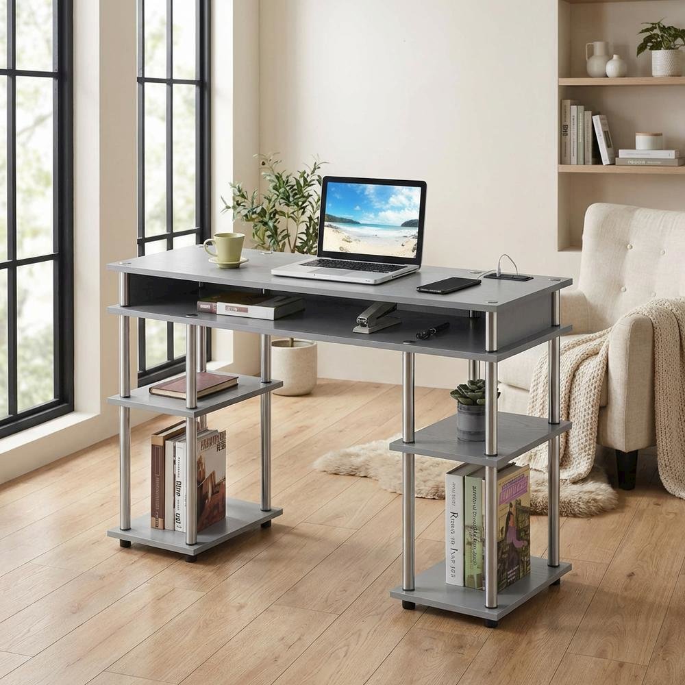 Gray Student Desk With Built-In Charging Station, Modern Workspace Solution