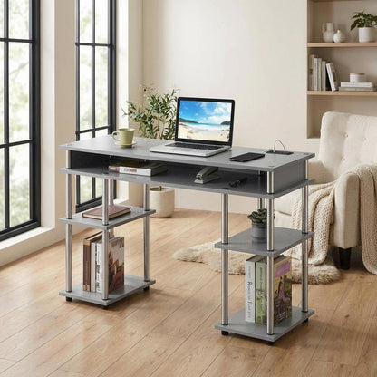 Gray Student Desk With Built-In Charging Station, Modern Workspace Solution