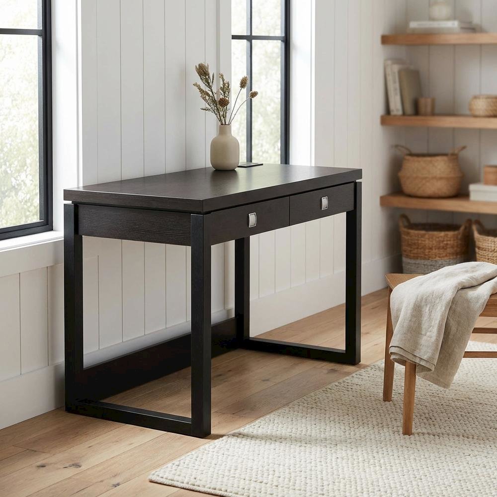 Espresso Office Desk With 2 Drawer Storage And Charging Station For Workspace