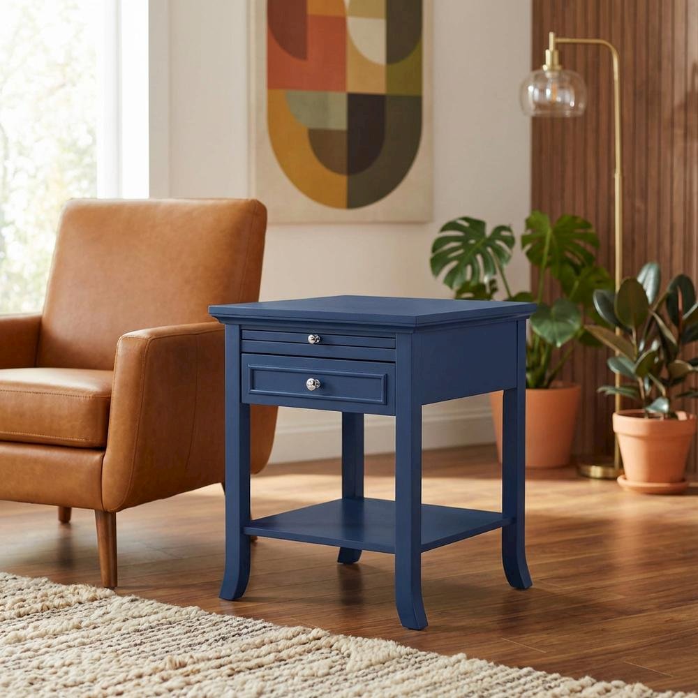 Cobalt Blue End Table with 1 Drawer and Pull-Out Shelf for Living Room
