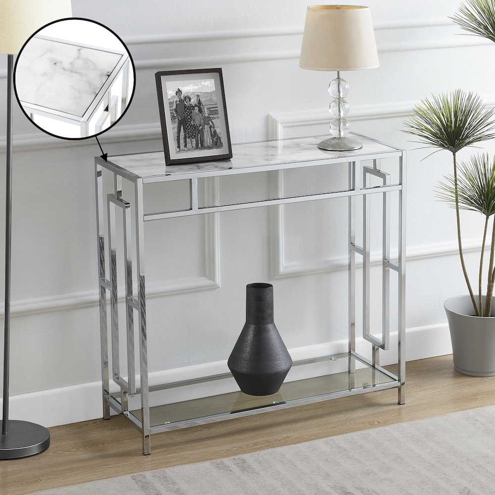 Town Square Chrome Faux Marble Glass Entryway Hall Table with Shelf