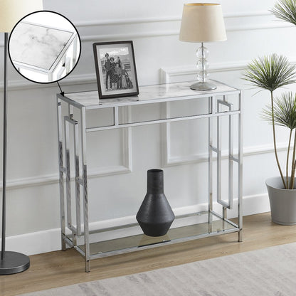 Town Square Chrome Faux Marble Glass Entryway Hall Table with Shelf