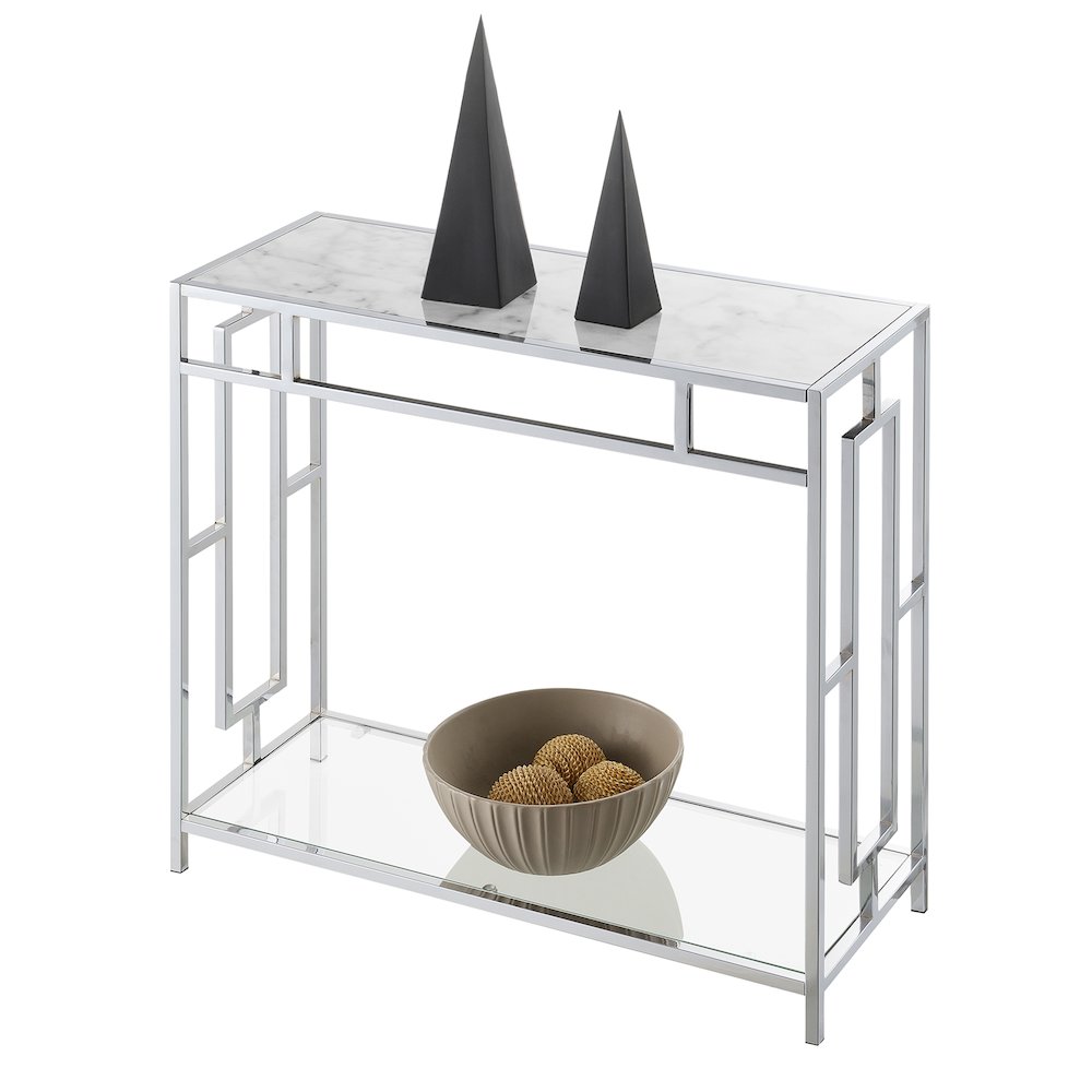 Town Square Chrome Faux Marble Glass Entryway Hall Table with Shelf
