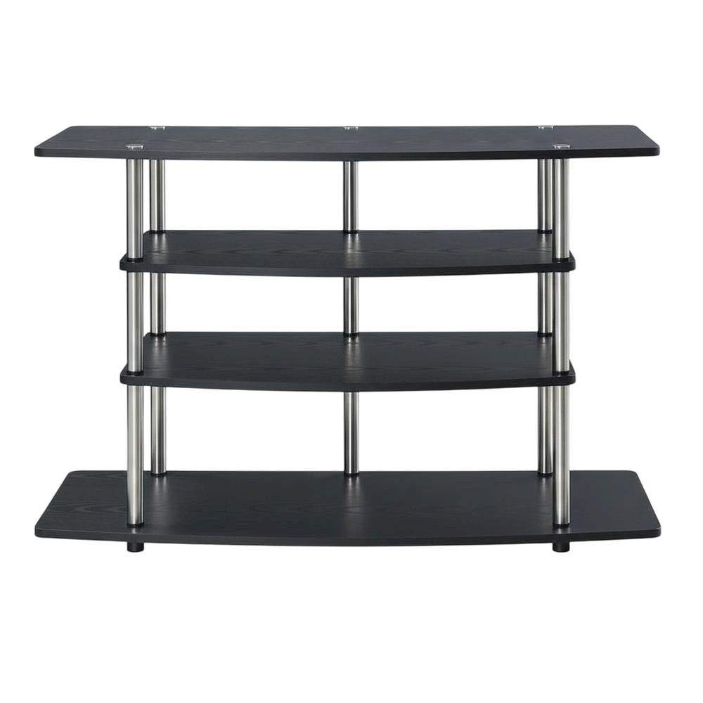 Black No Tools Wide Highboy TV Stand, Particle Board Shelves, Steel Poles