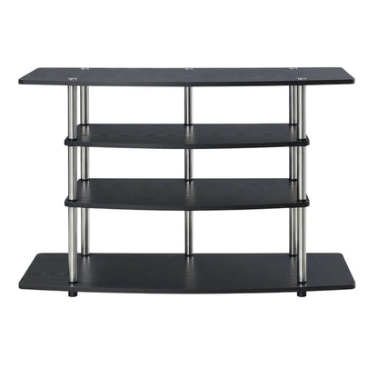 Black No Tools Wide Highboy TV Stand, Particle Board Shelves, Steel Poles