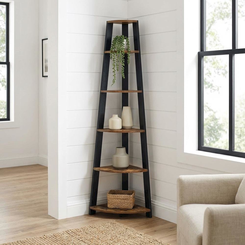 Contemporary Barnwood - Black 5-Tier Corner Bookshelf with Particle Board Design