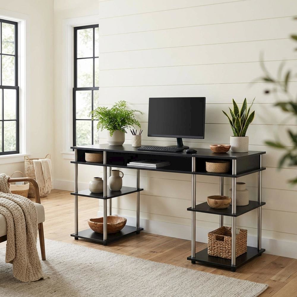 Black Deluxe Student Desk With Shelves And Modern Design