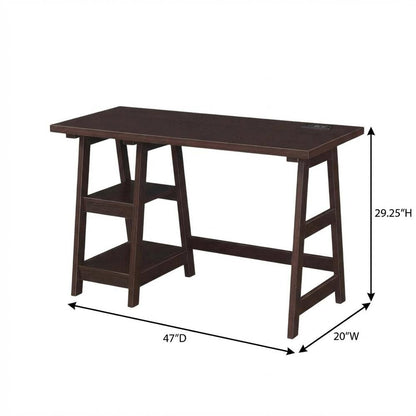 Espresso Trestle Desk With Built-In Charging Station For Office Workspace